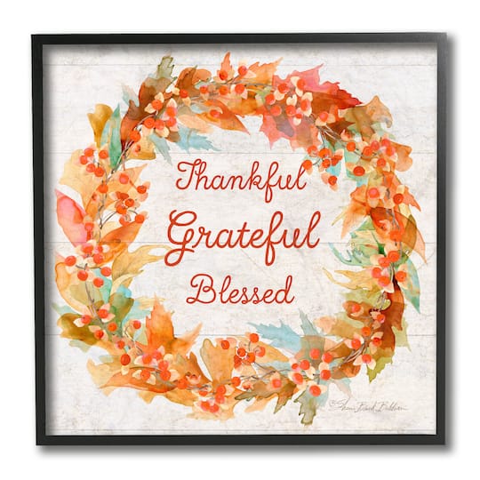Stupell Industries Autumn Foliage Wreath Thankful Grateful Blessed Text Black Framed Wall Art